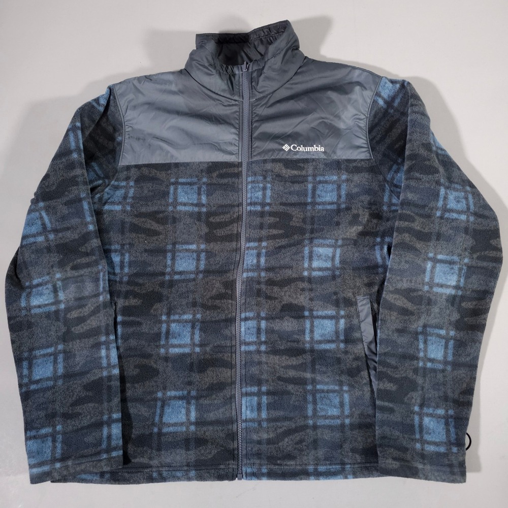 Columbia Fleece Jacket Mens L Blue Plaid Camo Full‎ Zip XM0474 Hybrid Yoke